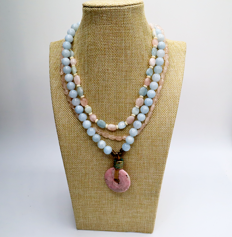 Beryll, Chalcedon, Rosenquarz Collier
