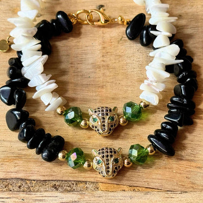 Obsidian, Muschelperlen, Armband 